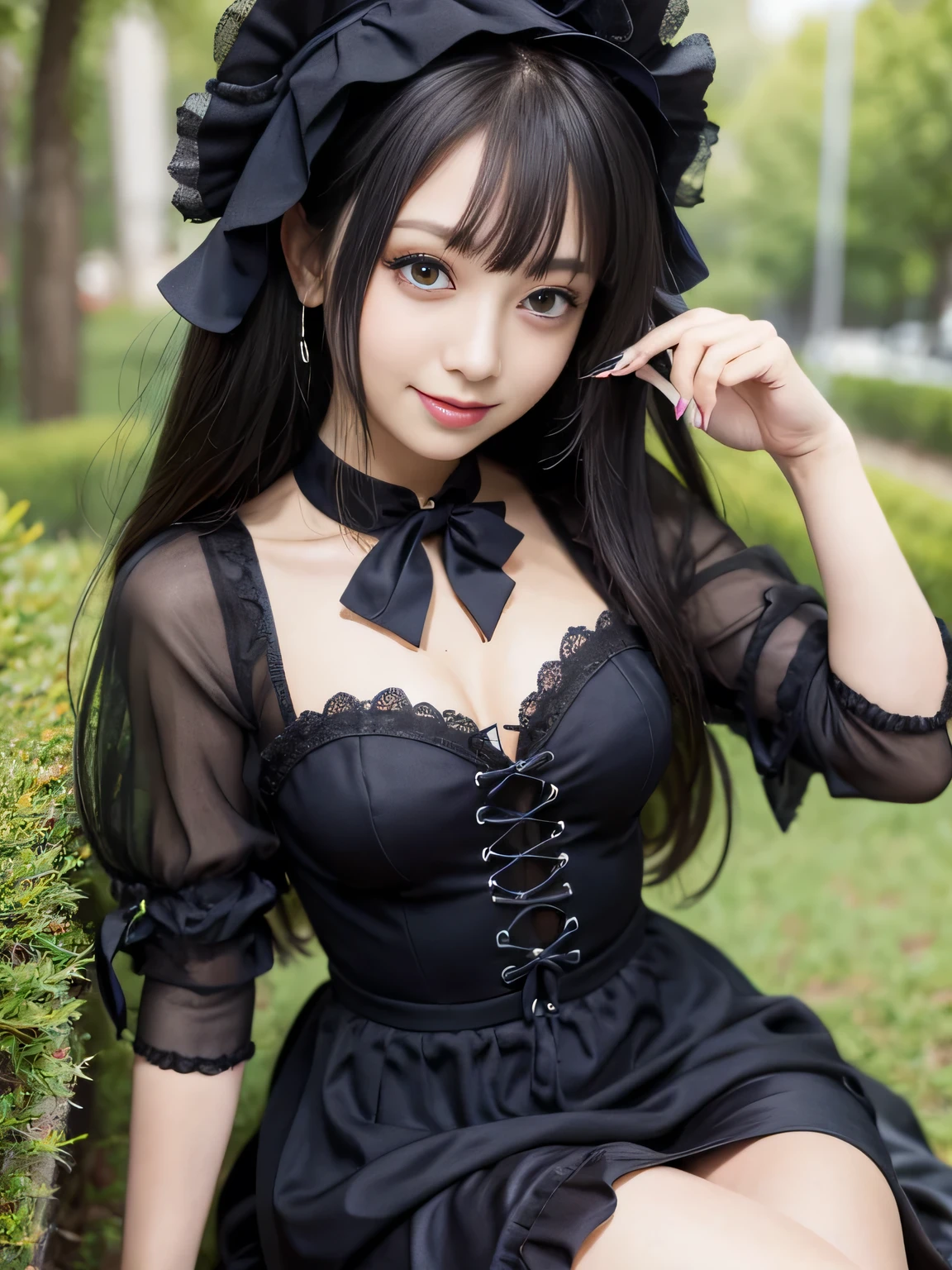 Gothic Lolita、make、whole body、Thighs、beauty、Black Hair、smile、