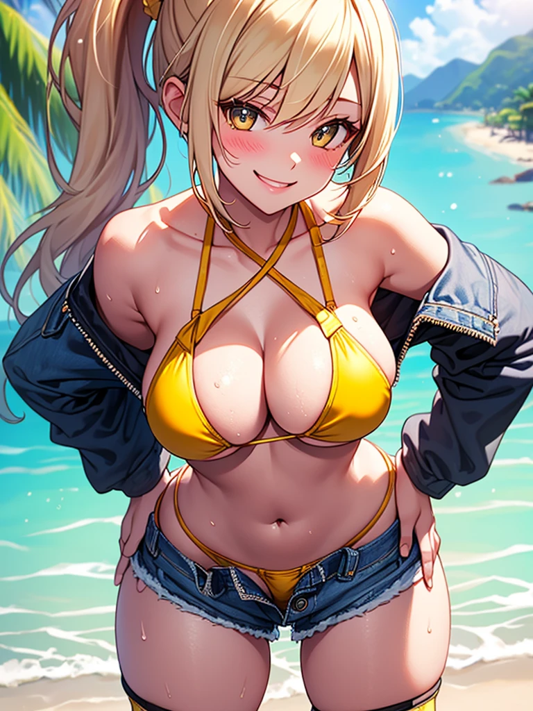 (highest quality, High resolution, perfect pixel, Depth of bounds written, 4K), (from front), beach, detailed eyes, (1 lady), tall, (skinny body:1.2) , (thin thighs:1.2), (Narrow hips:1.2), large breasts, blond hair, (ponytail:1.2), (yellow bikini:1.2), (unbutton:1.3), (cross halter bikini), (rio cut pants), (panty strap:1.3), (hina-pose), (standing), (leaning forward), (denim short pants pull), (seductive smile), blush, sweat,