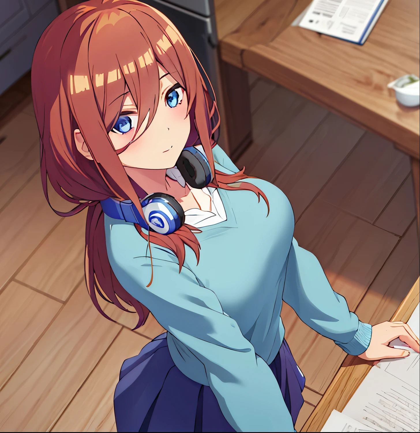 1girl, alone, miku nakano, long hair, bangs, blue eyes, brown hair, shirt, hair between eyes, headphones, headphones around neck,masterpiece, best quality,extremely detailed,on the room,waist shot,1mature female, center parted hair, long hair, slender, blue eyes, overall, sweater,long skirt,
big breasts, medium waist, wide hips, medium thighs, round butt,looking at viewer, pov (from below),cowboy shot, dutch angle, perfect hands, perfect anatomy