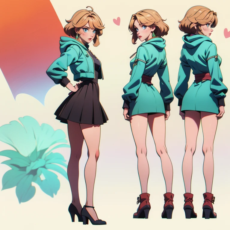 "High resolution image, 8k quality, 3D anime style, perfectly detailed illustration with perfectly intricate details. This is the (((same character))) in the (((same outfit))), based on a((( character design sheet))). It is considered the most beautiful image in the world, looking to the viewer. ((( front view))), (((side view))) and (((back view))).
The girl represented is alone and is described as the most beautiful in the world, ((( full-body))),mature woman. She has medium blonde hair, medium breasts, a perfect detailed face with (((puffy cheeks))) and a((( very exaggerated pout))). Her lips are full and closed with blush, while her almond-shaped and aquamarine eyes are perfectly detailed, with tears.
She wears a white and green dress with a raised skirt, accompanied by an open pink jacket with long, puffed sleeves, as well as a hood. She is standing with her legs apart, showing wide thighs and medium hips, wearing brown pantyhose and black heels. Guardrobe malfunction, skirt lifth, crotch exposed, white micro panties