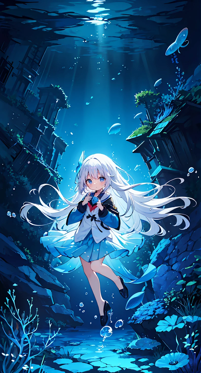 (Peace Fly), (highest quality), Very detailed, 1 girl, Personal full-body photo, Perfect Face, beautiful girl, Very detailed顔，(Long white hair:1.5)，(blue eyes:1.4)，(Flowing Hair:1.4)，(Underwater:1.4)，sink，school fishy，Light，jellyfish，Seaweed，Redfish，fishy，deep sea，Fantasy