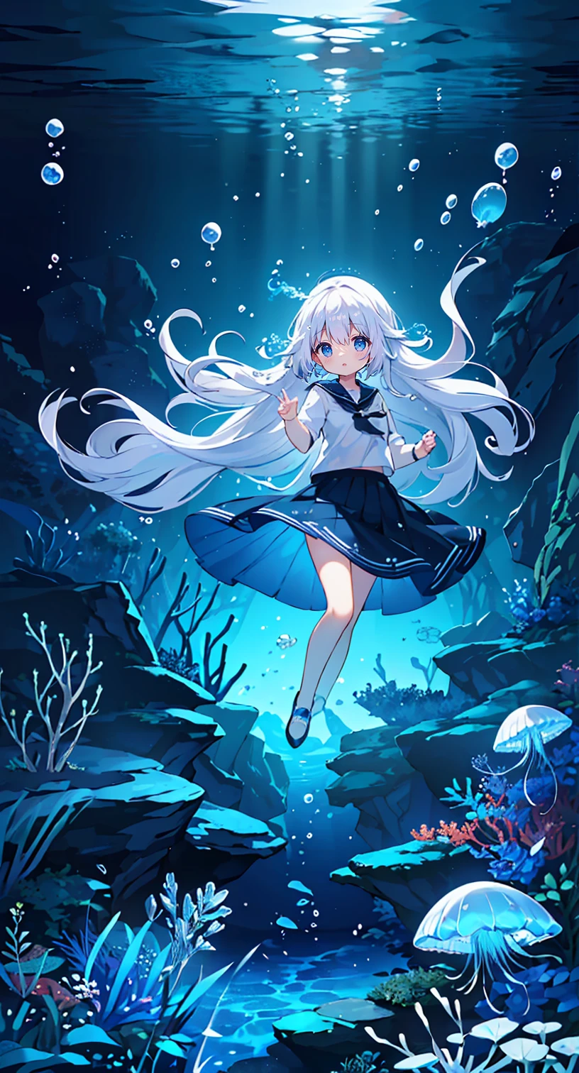 (Peace Fly), (highest quality), Very detailed, 1 girl, Personal full-body photo, Perfect Face, beautiful girl, Very detailed顔，(Long white hair:1.5)，(blue eyes:1.4)，(Flowing Hair:1.4)，(Underwater:1.4)，sink，school fishy，Light，jellyfish，Seaweed，Redfish，fishy，deep sea，Fantasy