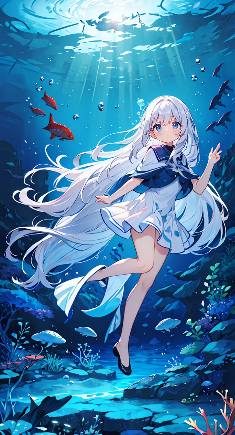 (Peace Fly), (highest quality), Very detailed, 1 girl, Personal full-body photo, Perfect Face, beautiful girl, Very detailed顔，(Long white hair:1.5)，(blue eyes:1.4)，(Flowing Hair:1.4)，(Underwater:1.4)，sink，school fishy，Light，jellyfish，Seaweed，Redfish，fishy，deep sea，Fantasy