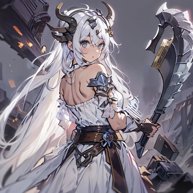 ((masterpiece)), ((bestquality)), ((ultra-detailed)), 1girl, solo, a ****************, white hair, blue eyes, detailed face, dragonian_head, dragonian_body, dragonian_hairstyle, dragonian_horns, dragonian_tail,white tail covered with scales, white long dress, dirty dress, torn dress, off shoulder dress, black choker, ((circlet on head)), bangs, Viking axe, (holding axe:1.2), (over shoulder), nice hands, perfect hands, weapon over shoulder, molten dungeon, lava, image resolution 1024