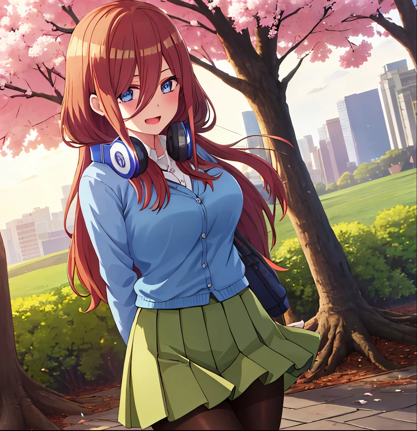 1girl, alone, miku nakano, blue eyes, brown hair, long hair, bangs, hair between eyes, large breasts, 
(headphone around neck),
blue cardigan, white collared shirt, green pleated skirt, black pantyhose,
outdoors, park, cherry blossoms, day,
against tree, 
smile, open mouth, 
arms behind back,  hand in own hair, 
upper body, from below, 
masterpiece, best quality,big breasts, medium waist, wide hips, medium thighs, round butt,looking at viewer,cowboy shot, dutch angle, perfect hands, perfect anatomy