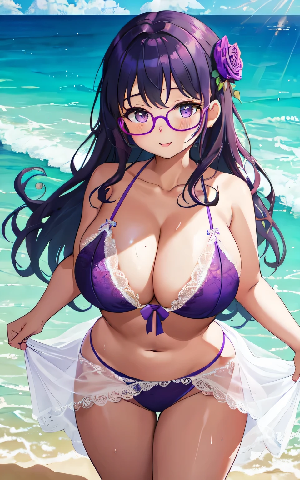 A with big breasts, plump body, round, dressed in a purple wedding dress, lace bikini, on the beach, wearing glasses, wearing a thin tulle