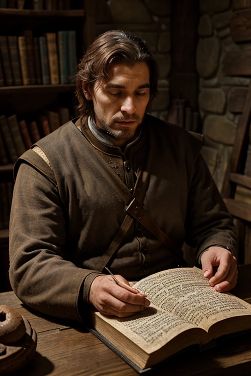 a portrait Medieval man reading the ancient scroll📜, At medieval home, old painting artstyle.