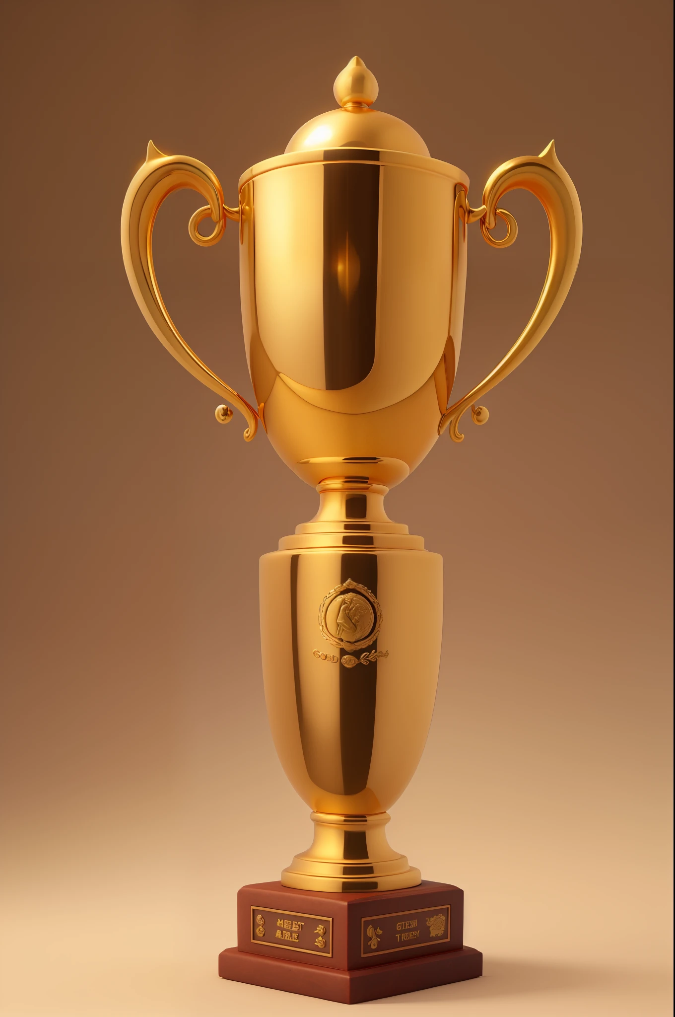 A golden trophy shining brightly, with exquisite and glorious details, showcasing a rich texture and a noble elegance. The trophy reflects a mix of light and shadows, exuding an artistic flair in its realistic 3D rendering.