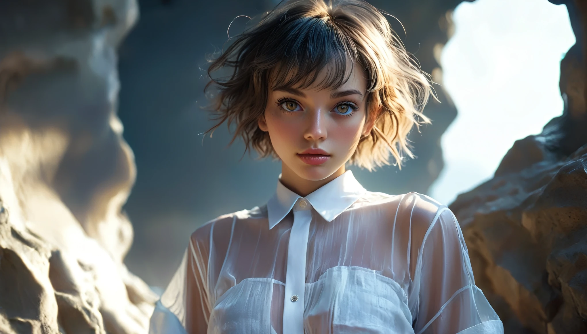 Top Quality, Masterpiece, High Resolution, 8k, wide objective, full body shot, (((skinny girl in oversized synthetic see-through shirt with low dekollete and very tight hotpants, small perky breasts, beautiful detailed eyes, no lipstick, no makeup, extremely detailed face, natural skin, short pixie asymmetrical hair, small hips, in a dungeon, dim light from behind, picture taken from distance)))