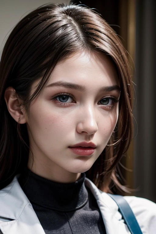 An ultra-detailed, realistic, and high-resolution artwork depicts Bella Hadid, a beautiful woman, dressed in a cosplay doctor uniform. Her eyes are carefully detailed, featuring captivating beauty. Her lips are also beautifully detailed, adding allure to her face. The image showcases her in a soft and flattering lighting, enhancing her features. The artwork is of the highest quality, ensuring every minute detail is captured, making it perfect for 4K resolution screens. The colors used in the artwork are vivid and vibrant, creating a visually appealing experience. This portrait-style masterpiece captures Bella Hadid's elegance, highlighting her mesmerizing beauty.