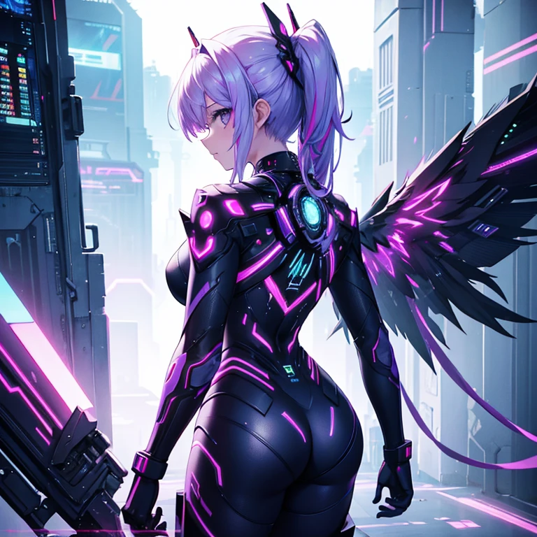 A gorgeous female angel, looking at her back, ping wings, cyber punk style, colourful, 4k, stable diffusion
