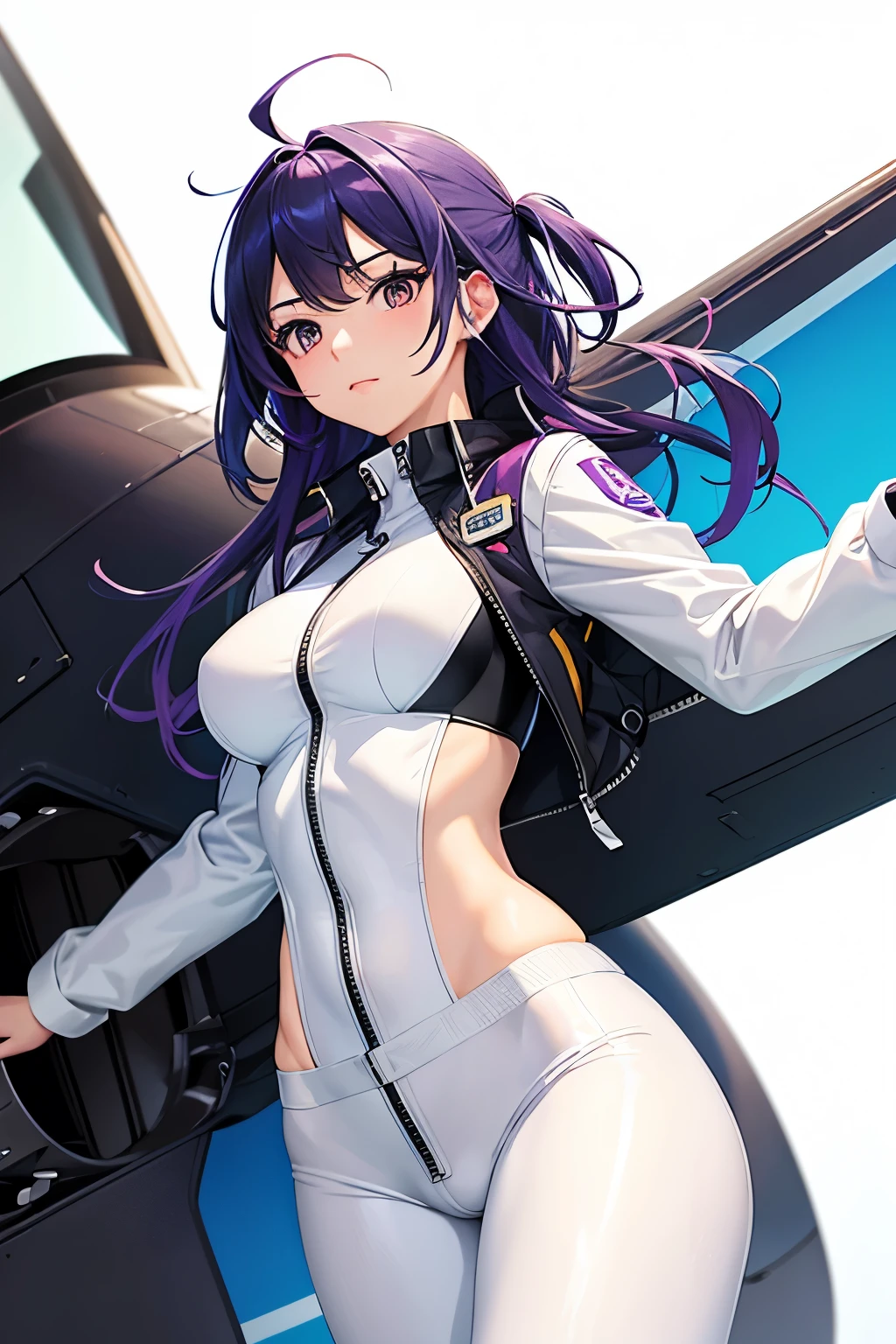 (((highest quality、first-clasasterpiece、Normal body、8k、Detailed face、Ultra-precision、Normal hand、Normal finger、5Finger、)))Brightly colored hair、Rainbow Hair、Tight pilot suit、Change of clothes、Starts taking off pilot suit、Open the front zipper of the pilot suit、Showing off、White pants、White bra、