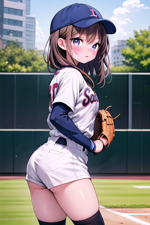 Neocoil, masterpiece, highest quality, One girl, baseball uniform, alone, baseball mitt, baseball cap, Have, baseball, null, Sportswear, cloud, Brown Hair, blue null, Day, Holding, shirt, bangs, Medium Hair, Long sleeve, Are standing, Holding ball, Outdoor, View your viewers, Lips parted, Small breasts, Slightly chubby,Mature Woman,The butt is small
