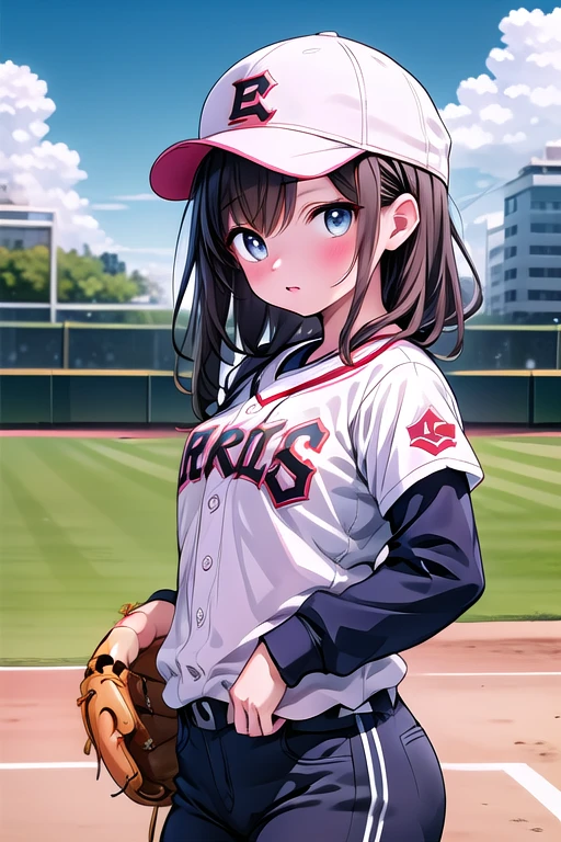 Neocoil,  masterpiece, highest quality, One girl, baseball uniform, alone, baseball mitt, baseball cap, Have, baseball, null, Sportswear, cloud, Brown Hair, blue null, Day, Holding, shirt, bangs, Medium Hair, Long sleeve, Are standing, Holding ball, Outdoor, View your viewers, Lips parted, Small breasts, Slightly chubby,Mature Woman,The butt is small