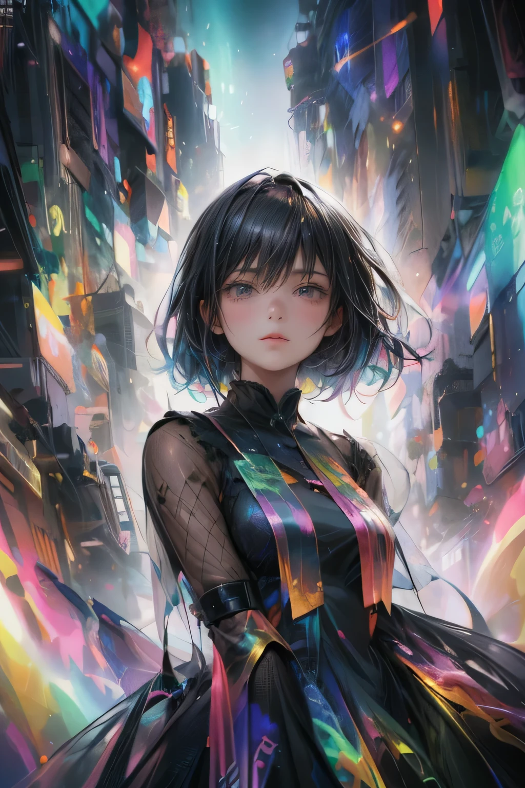 A woman in a black dress and a rainbow dress, Inspired by Yanjun Chen, Anime Style 4 k, colorful aura, Futuristic art style, Colorful digital fantasy art, Anime Style. 8k, Dreamy Cyberpunk Girl, Spectacular 3D Abstract Emo Girl, Anime Styled digital art, colorful and dark, Inspired by Yumei