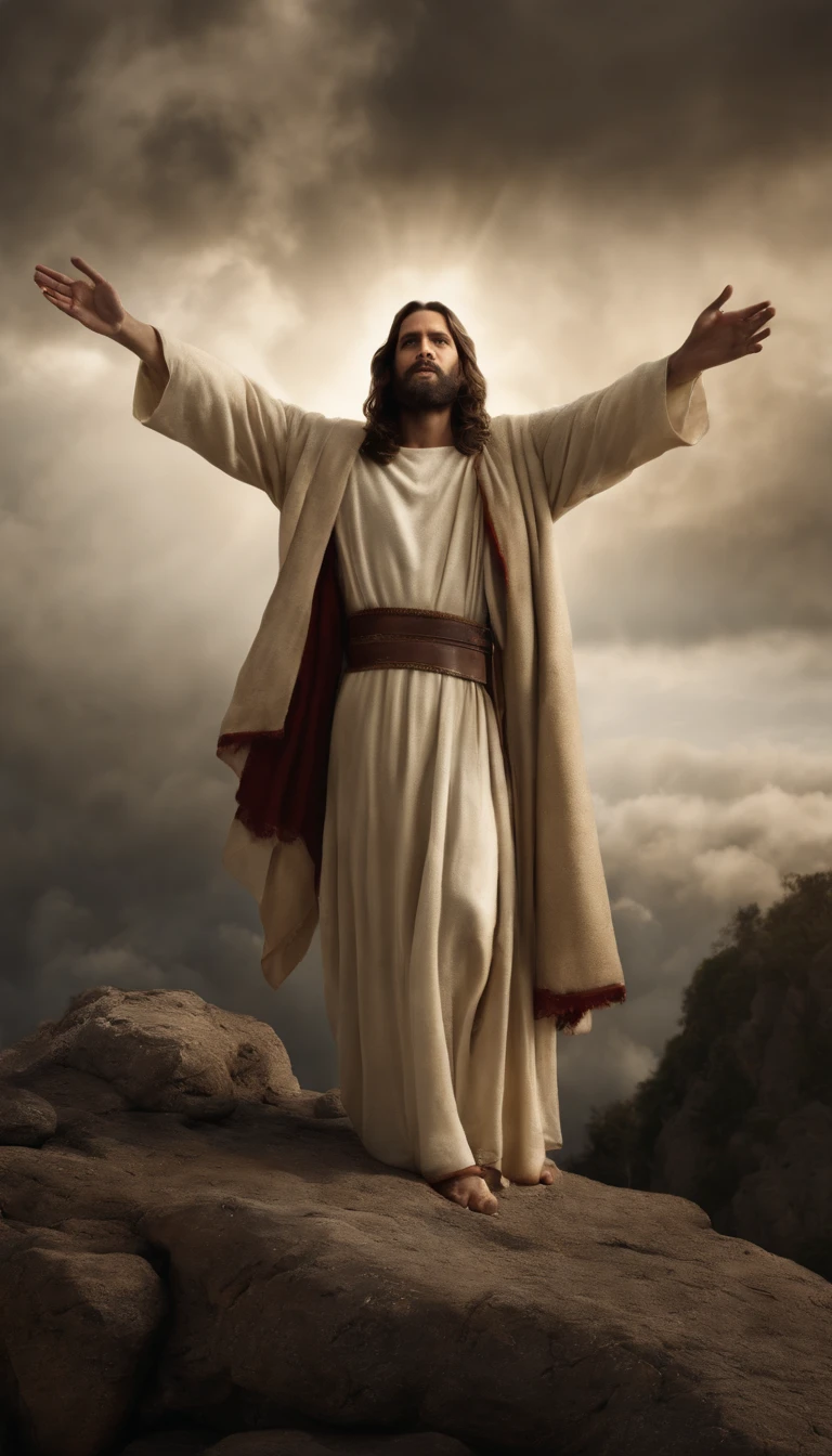 Jesus Cristo voando sobre as nuvens passando por Deus e seus anjos com armaduras Angelicais 