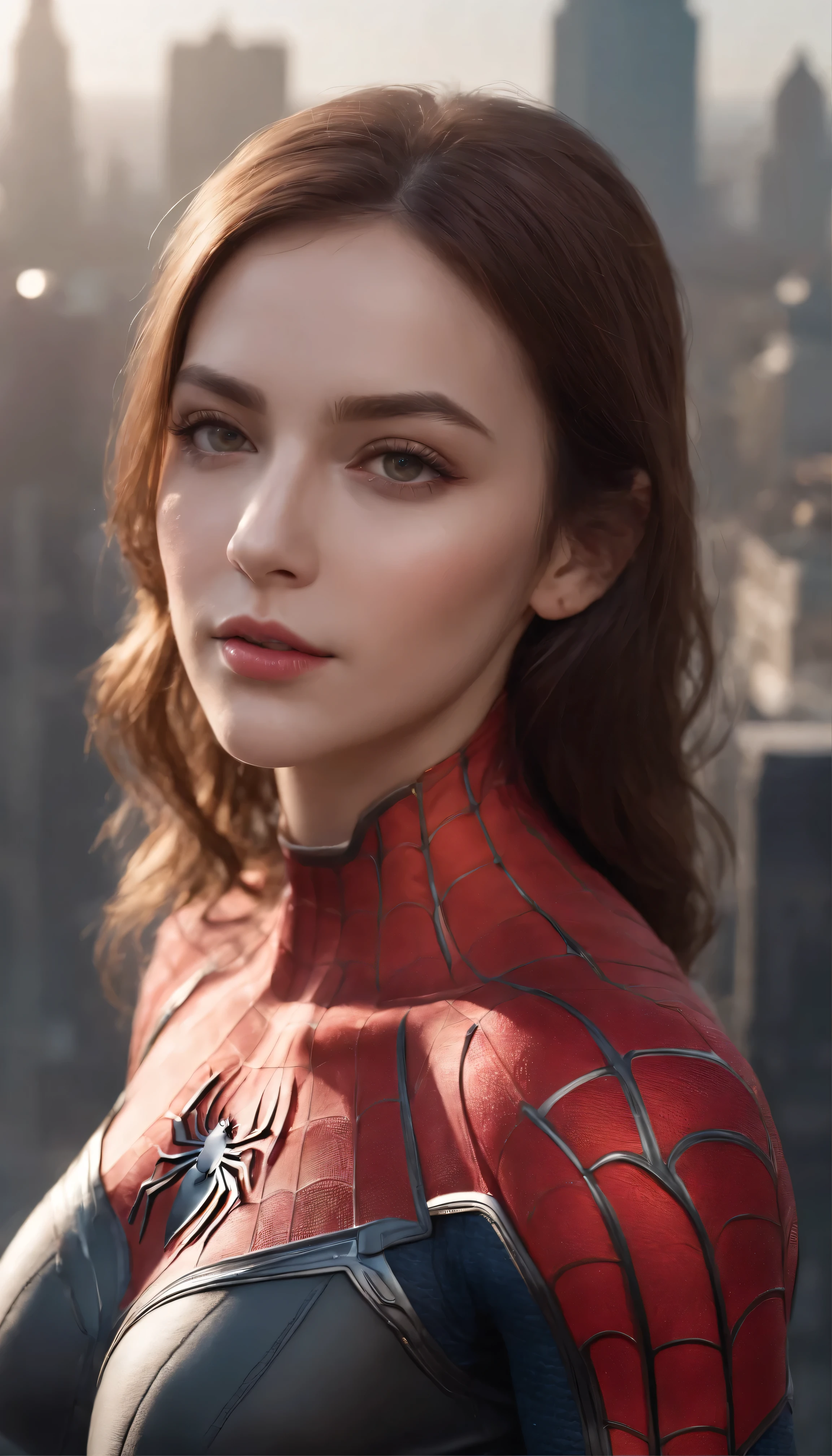 1girl:1.3), Solo, (((Very detailed face)))), ((Very detailed eyes and face)))), Beautiful detail eyes, Body parts__, Official art, Unified 8k wallpaper, Super detailed, beautiful and beautiful, beautiful, masterpiece, best quality, original, masterpiece, super fine photo, best quality, super high resolution, realistic realism, sunlight, full body portrait, amazing beauty, dynamic pose, delicate face, vibrant eyes, (from the front), She wears Spider-Man suit, red and black color scheme, spider, very detailed city roof background, rooftop, overlooking the city, detailed face, detailed complex busy background, messy, gorgeous, milky white, highly detailed skin, realistic skin details,super realistic , mature attractive figure , visible pores, clear focus, volumetric fog, 8k uhd, DSLR, high quality, film grain, fair skin, photo realism, lomography, futuristic dystopian megalopolis, translucent INFO