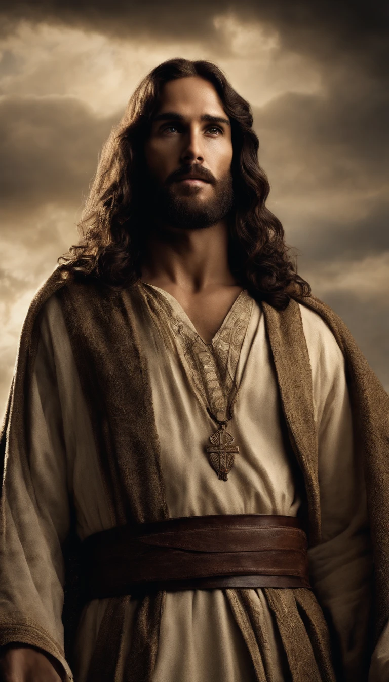 Jesus Cristo voando sobre as nuvens passando por Deus e seus anjos com armaduras Angelicais