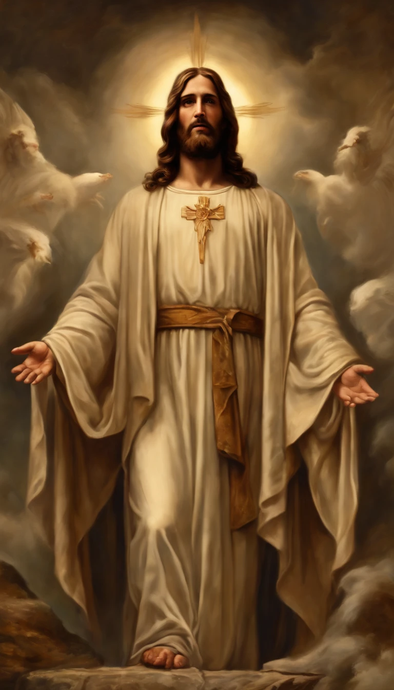 Jesus Cristo voando sobre as nuvens passando por Deus e seus anjos com armaduras Angelicais
