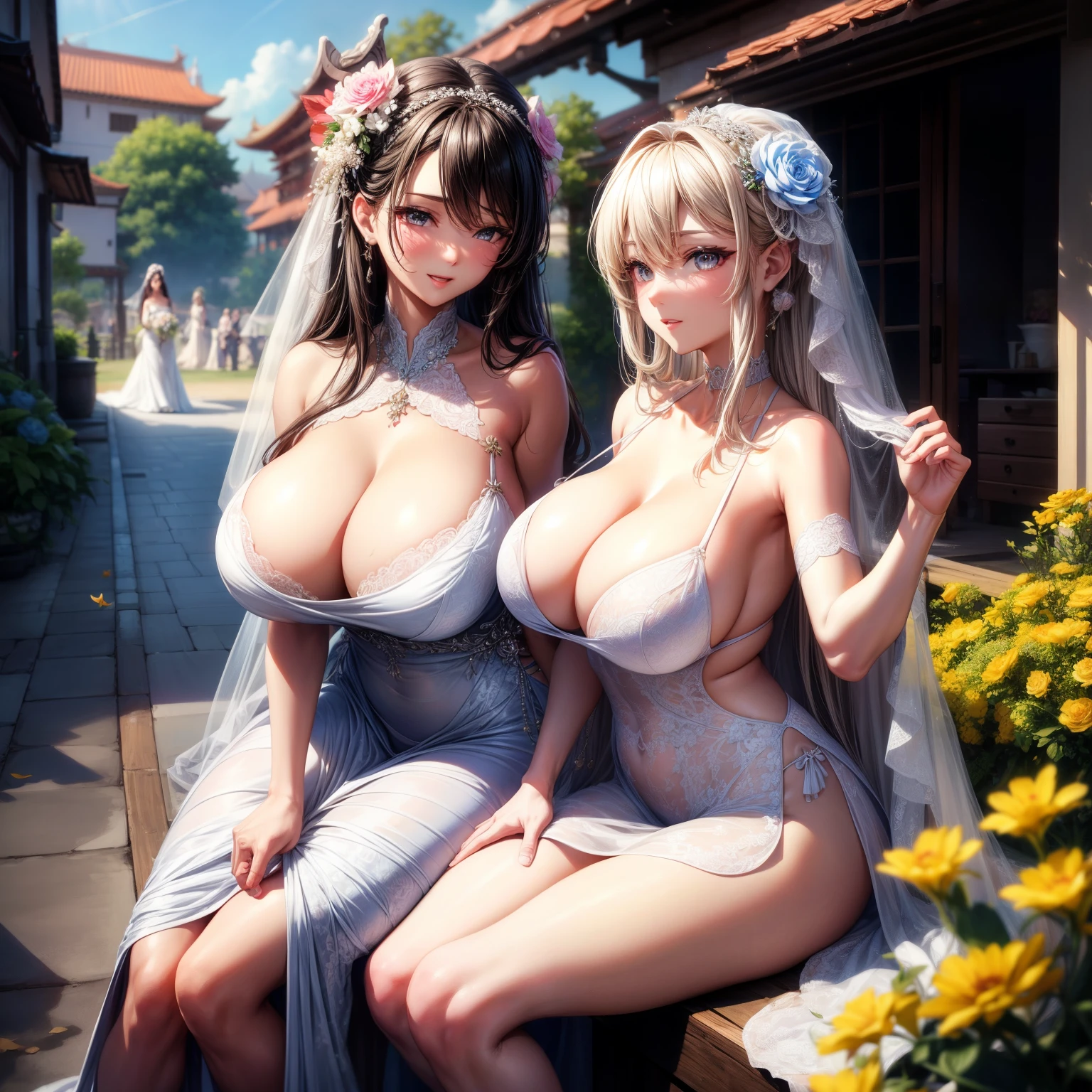 (8k ,Super detailed,Hyper-photorealism,The best masterpiece,Nature,Perfect work of art,Perfect female body),Two cute busty girls ,(large tities),Antique Flower Wedding,Antique Flower Wedding,Wedding dress,Phoenix Guanxia,Fashionable Hairstyle,Elegant and sexy bride,On a quaint street,穿上性感复古的白色Wedding dress,Built-in thong,Large cleavage,,Stretch the meat,Sexy bulge,Exposure ,tit,full-body shot