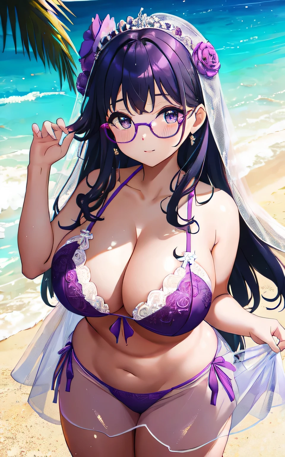 A with big breasts, plump body, round, dressed in a purple wedding dress, lace bikini, on the beach, wearing glasses, wearing a thin tulle