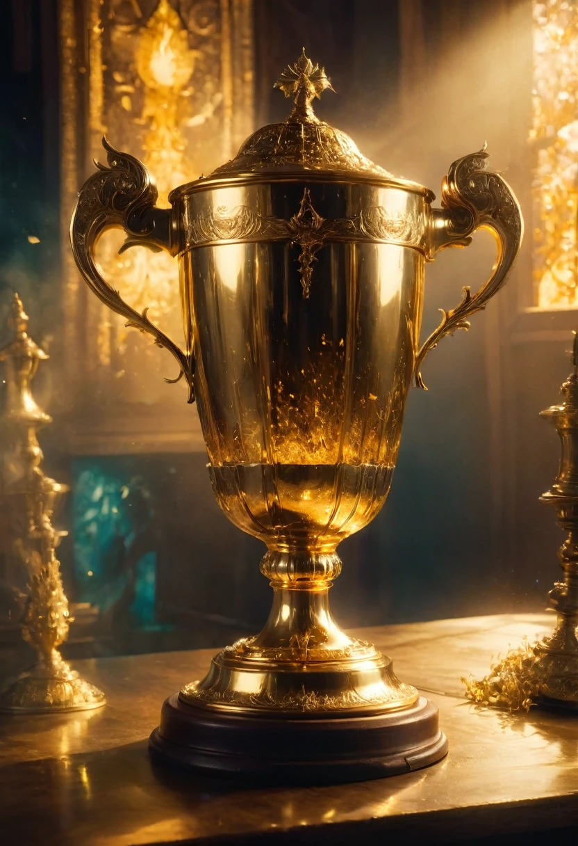 Golden Trophy, jinsixiangyun, traditional, gldnglry, breathtaking film still shot of "the mystical enchanting glowing triwizard tournament cup from Harry Potter and the Goblet of Fire" double exposure art photography, fantasy, vibrant, surrealism, hyperdetailed, hypermaximalist film still photography by Meg Chikhani, andree wallin, Ismail Inceoglu, Rlon, Jeremy Mann, Android Jones
