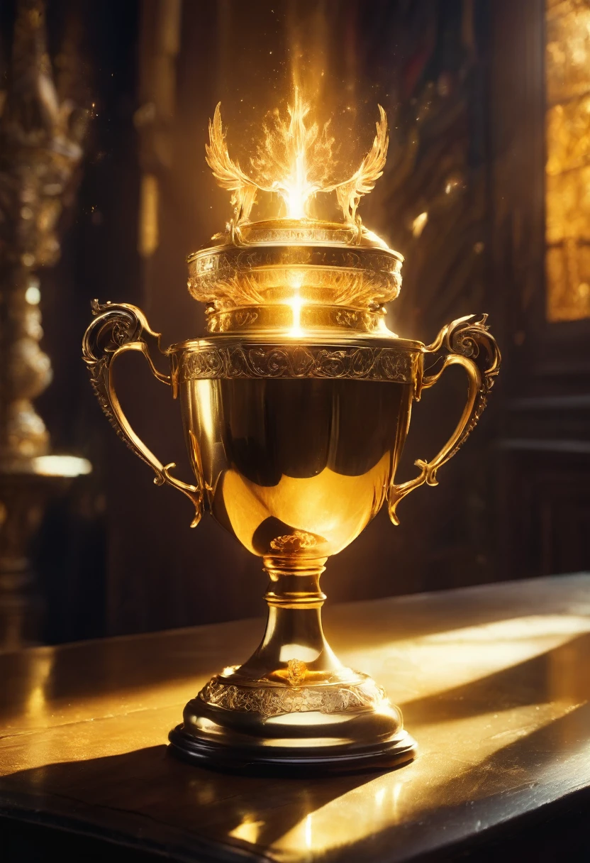 Golden Trophy, jinsixiangyun, traditional, gldnglry, breathtaking film still shot of "the mystical enchanting glowing triwizard tournament cup from Harry Potter and the Goblet of Fire" double exposure art photography, fantasy, vibrant, surrealism, hyperdetailed, hypermaximalist film still photography by Meg Chikhani, andree wallin, Ismail Inceoglu, Rlon, Jeremy Mann, Android Jones