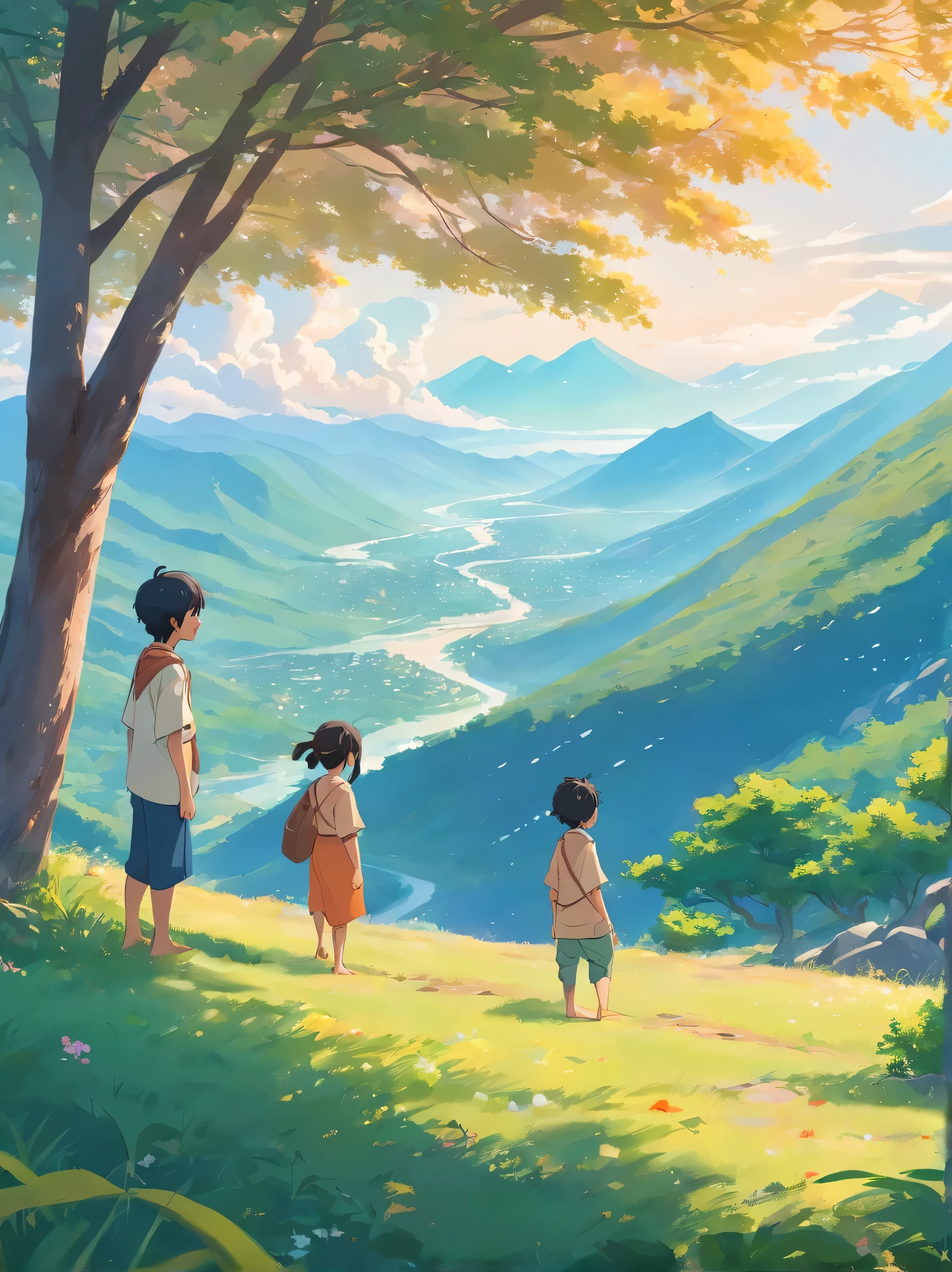 Kids in indian attire. Playing in a ground. Mountains far away. Crystal clear sky. Trees on the sides.