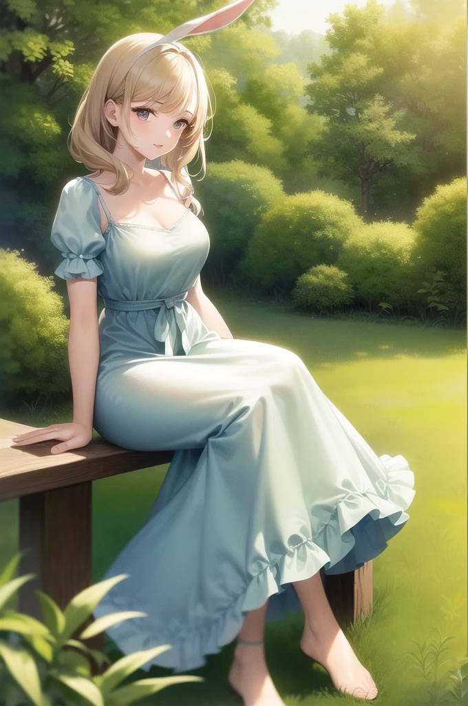(best quality,4k,8k,highres,masterpiece:1.2),ultra-detailed,(realistic,photorealistic,photo-realistic:1.37),HDR,UHD,studio lighting,ultra-fine painting,sharp focus,physically-based rendering,extreme detail description,professional,vivid colors,bokeh,portrait,landscape,photography,concepts artists,(green,earthy,verdant) colors,(soft,gentle) sunlight,day,(clear,focused) natural light,(sunny,bright) day

1girl,(beautiful,detailed) (blue,brown) eyes,(delicate,defined) nose,luscious lips, (long,thick) eyelashes, (joyful,happy) expression,(short,cropped) hair with (bangs,fringe),white hair,(dressed,wearing) a white dress,(simple,elegant),(knee-length,mid-thigh length),short sleeves,(puffy, voluminous, billowy) sleeves, sitting on the lush green grass, barefoot, (relaxed,comfortable) posture, (looking directly, gazing) at the viewer, surrounded by dappled sunlight filtering through the leaves, (enjoying, soaking in) the warm sunlight, (relaxed,natural) smile, in (perfect,harmonious) harmony with the peaceful outdoor scenery.

In the background, there are several adorable rabbits hopping around, with (adorable,cute) animal ears and (long,soft) rabbit ears. The rabbits add a touch of charm and playfulness to the scene.

The overall image is of (high quality a a 4k or 8k resolution, masterful craftsmanship), with ultra-detailed features, capturing the essence of the girl's beauty and the natural surroundings. The colors are (vivid,rich) and (green,earthly,verdant), giving the image a vibrant and lifelike feel. The lighting is (soft,gentle), with clear and focused natural light creating a sunny and bright atmosphere.

The main focus of the image is on the girl, showcasing her genuine joy and serenity in this tranquil outdoor setting. The blend of realism and artistry creates a captivating composition, inviting the viewer to immerse themselves in the serene beauty of the scene.