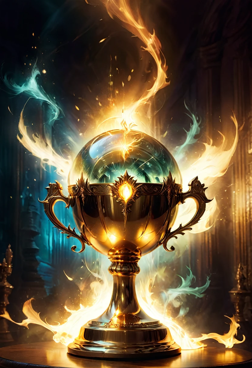 Golden Trophy, jinsixiangyun, traditional, gldnglry, breathtaking film still shot of "the mystical enchanting glowing triwizard tournament cup from Harry Potter and the Goblet of Fire" double exposure art photography, fantasy, vibrant, surrealism, hyperdetailed, hypermaximalist film still photography by Meg Chikhani, andree wallin, Ismail Inceoglu, Rlon, Jeremy Mann, Android Jones