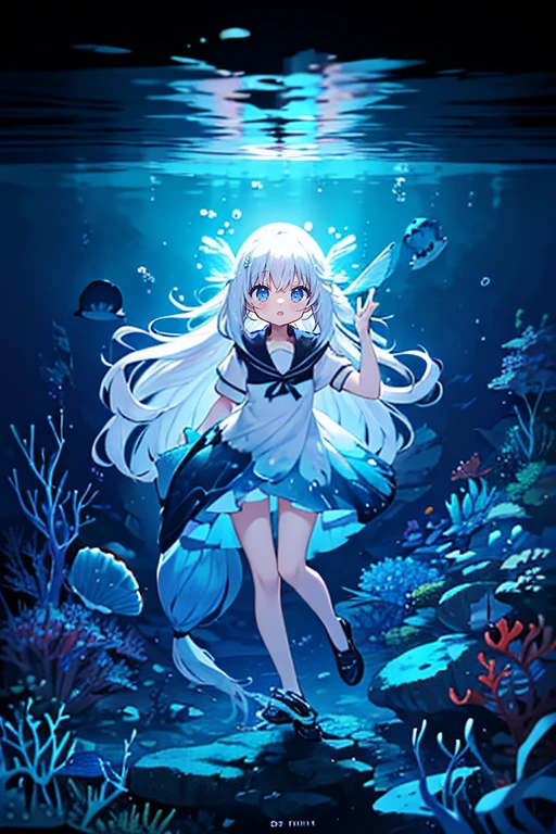 (Peace Fly), (highest quality), Very detailed, 1 girl, Personal full-body photo, Perfect Face, beautiful girl, Very detailed顔，(Long white hair:1.5)，(blue eyes:1.4)，(Flowing Hair:1.4)，(Underwater:1.4)，sink，school fishy，Light，jellyfish，Seaweed，Redfish，fishy，deep sea，Fantasy