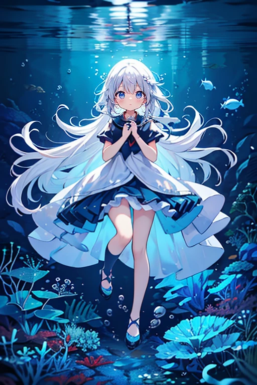 (Peace Fly), (highest quality), Very detailed, 1 girl, Personal full-body photo, Perfect Face, beautiful girl, Very detailed顔，(Long white hair:1.5)，(blue eyes:1.4)，(Flowing Hair:1.4)，(Underwater:1.4)，sink，school fishy，Light，jellyfish，Seaweed，Redfish，fishy，deep sea，Fantasy