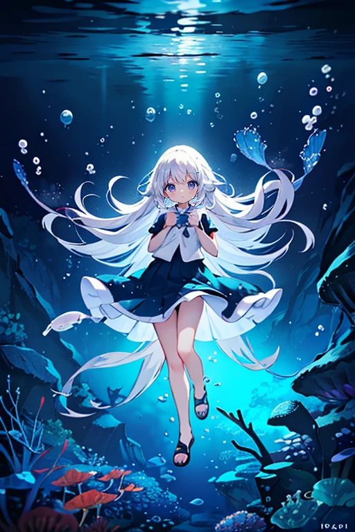 (Peace Fly), (highest quality), Very detailed, 1 girl, Personal full-body photo, Perfect Face, beautiful girl, Very detailed顔，(Long white hair:1.5)，(blue eyes:1.4)，(Flowing Hair:1.4)，(Underwater:1.4)，sink，school fishy，Light，jellyfish，Seaweed，Redfish，fishy，deep sea，Fantasy