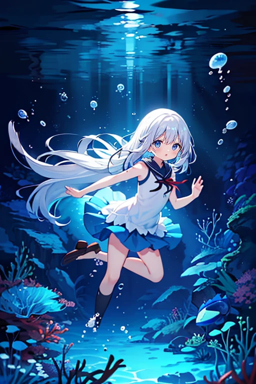 (Peace Fly), (highest quality), Very detailed, 1 girl, Personal full-body photo, Perfect Face, beautiful girl, Very detailed顔，(Long white hair:1.5)，(blue eyes:1.4)，(Flowing Hair:1.4)，(Underwater:1.4)，sink，school fishy，Light，jellyfish，Seaweed，Redfish，fishy，deep sea，Fantasy