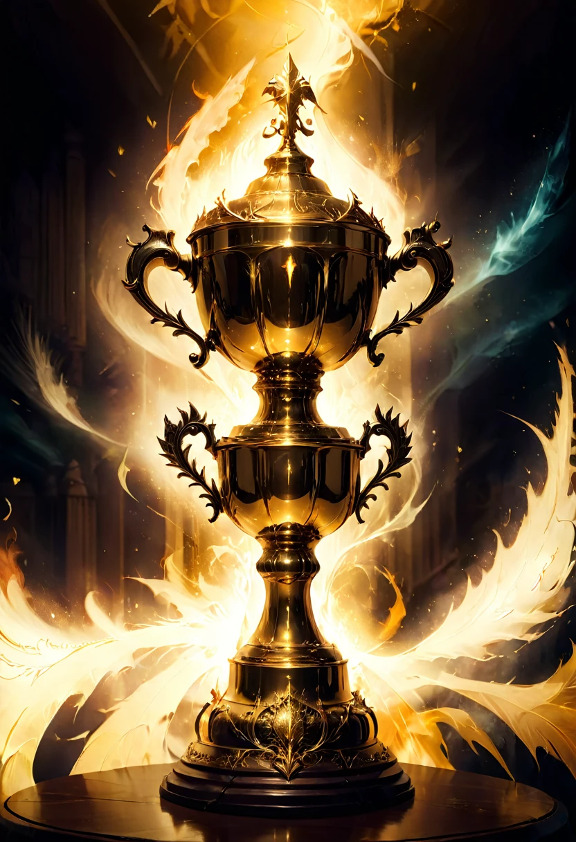 Golden Trophy, jinsixiangyun, traditional, gldnglry, breathtaking film still shot of "the mystical enchanting glowing triwizard tournament cup from Harry Potter and the Goblet of Fire" double exposure art photography, fantasy, vibrant, surrealism, hyperdetailed, hypermaximalist film still photography by Meg Chikhani, andree wallin, Ismail Inceoglu, Rlon, Jeremy Mann, Android Jones
