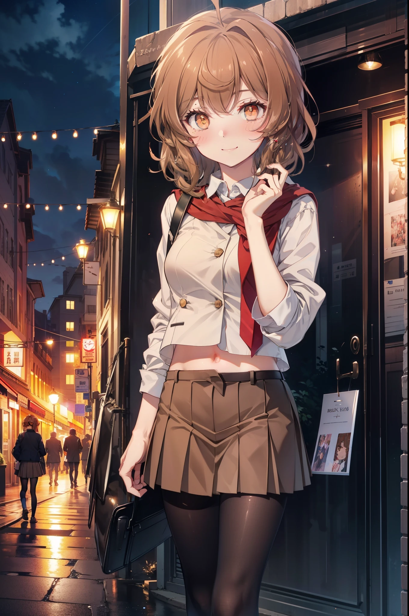 Liliru Card, Liliruca gets burned,  (Brown eyes:1.7),height: 140cm, Brown Hair, (Small breasts:1.2),blush,smile, short hair,, uniform, blazer, shirt, white shirt, collared shirt, skirt, pleated skirt,Black Pantyhose,Brown Loafers,On the way home from school,evening,夕陽
break looking at viewer,
break outdoors, city,Building Street,
break (masterpiece:1.2), highest quality, High resolution, unity 8k wallpaper, (shape:0.8), (Fine and beautiful eyes:1.6), Highly detailed face, Perfect lighting, Highly detailed CG, (Perfect hands, Perfect Anatomy),