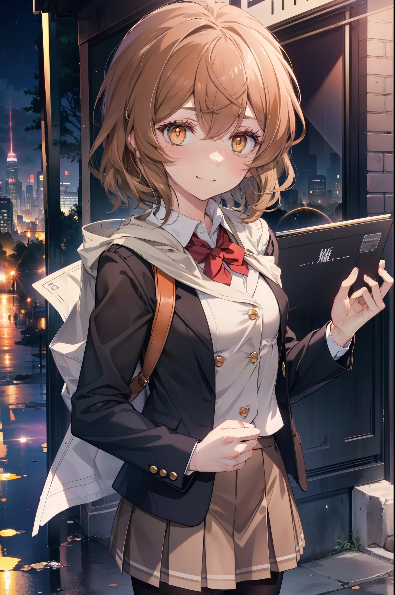 Liliru Card, Liliruca gets burned,  (Brown eyes:1.7),height: 140cm, Brown Hair, (Small breasts:1.2),blush,smile, short hair,, uniform, blazer, shirt, white shirt, collared shirt, skirt, pleated skirt,Black Pantyhose,Brown Loafers,On the way home from school,evening,夕陽
break looking at viewer,
break outdoors, city,Building Street,
break (masterpiece:1.2), highest quality, High resolution, unity 8k wallpaper, (shape:0.8), (Fine and beautiful eyes:1.6), Highly detailed face, Perfect lighting, Highly detailed CG, (Perfect hands, Perfect Anatomy),