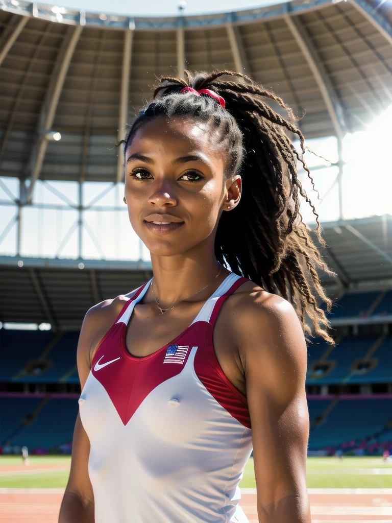 Raw photo, Olympic champion in athletics posing in the stadium, volumetric light, sunlight passing through her hair