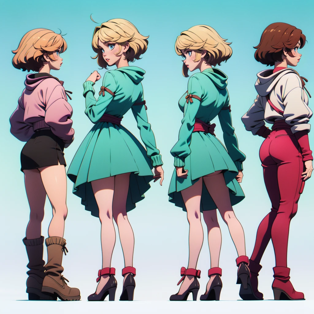 "High resolution image, 8k quality, 3D anime style, perfectly detailed illustration with perfectly intricate details. This is the (((same character))) in the (((same outfit))), based on a((( character design sheet))). It is considered the most beautiful image in the world, looking to the viewer. ((( front view))), (((side view))) and (((back view))).

The girl represented is alone and is described as the most beautiful in the world, ((( full-body))),mature woman. She has medium blonde hair, medium breasts, a perfect detailed face with (((puffy cheeks))) and a((( very exaggerated pout))). Her lips are full and closed with blush, while her almond-shaped and aquamarine eyes are perfectly detailed, with tears.

She wears a white and green dress with a raised skirt, accompanied by an open pink jacket with long, puffed sleeves, as well as a hood. She is standing with her legs apart, showing wide thighs and medium hips, wearing brown pantyhose and black heels. Guardrobe malfunction, skirt lifth, crotch exposed, white micro panties 