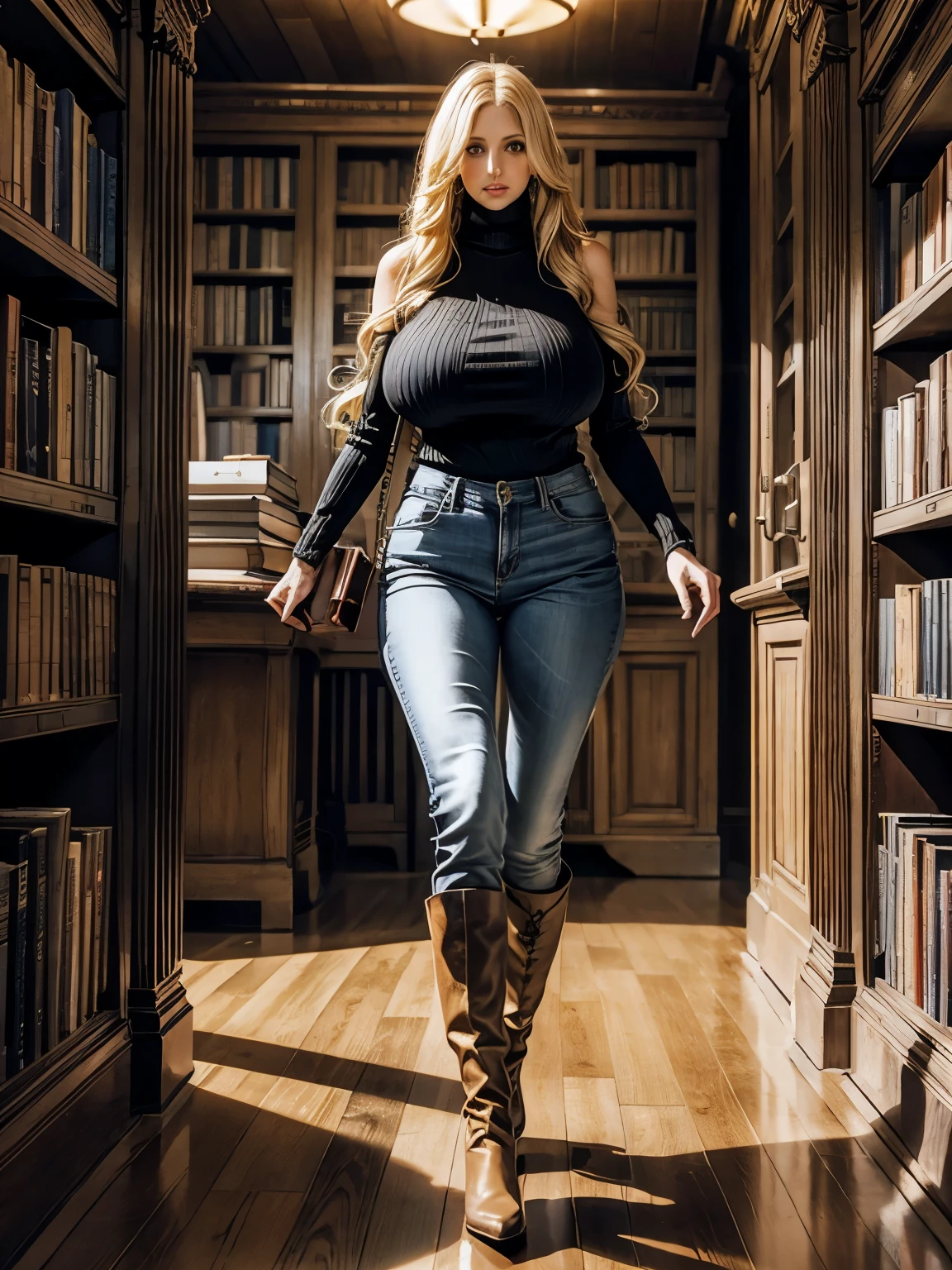 (overhead view:0.9), full body view, Sarah Michelle Gellar, sfw, slim, araffe, soft lighting, young, (extremely tall body), (melancholy), (very long legs:1.4), walking, symmetric breasts, detailed symmetric eyes, librarian, polished wood floors, hanging frosted glass light globe, reading desk, bookshelves, blonde hair, (extremely long big full wavy hair), long loose baggy jeans, tall thigh-high leather boots, long baggy knit sweater, bookshelves, library, long full hair, massive colossal breasts
