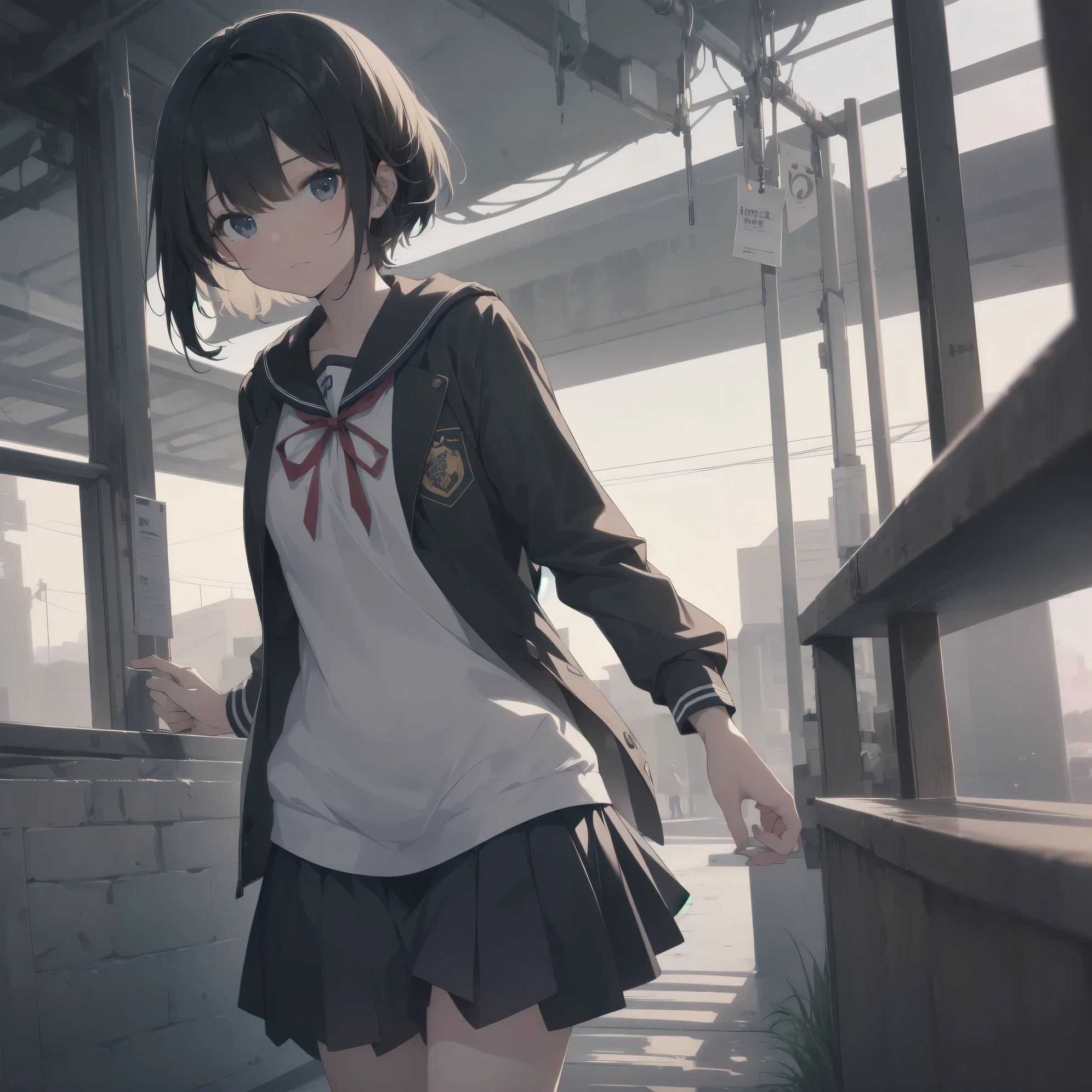 ultra-absurdres-Top quality by artist God, ultra-detailed, high resolution, anime moe artstyle, best anime 8k konachan wallpaper, pixiv contest winner, pool:2810, perfect anatomy,break, 1girl, (Please draw a girl walking sleepily to school alone. )break,(Solo,little female, 13-year-old:1.3),Full limbs, complete fingers,a junior high school student, (very short hair), short cut, flat chest, , small butt, small black eyes, beautiful detailed eyes, well-proportioned iris and pupils, expressive eyes, highres detailed hair, soft expression, salor school_uniform, sailor collar, serahuku, bow, pleated skirt,(Detailed Lighting), (Detailed background), in the School commute route. break,super detailed skin, Best cinematic lighting powered by famous artist, 8k,beauty illustration,photoshop_(medium),very aesthetic,break,((artist:minaba_hideo )), artist:clamp ,artist:carnelian ,artist:kantoku ,