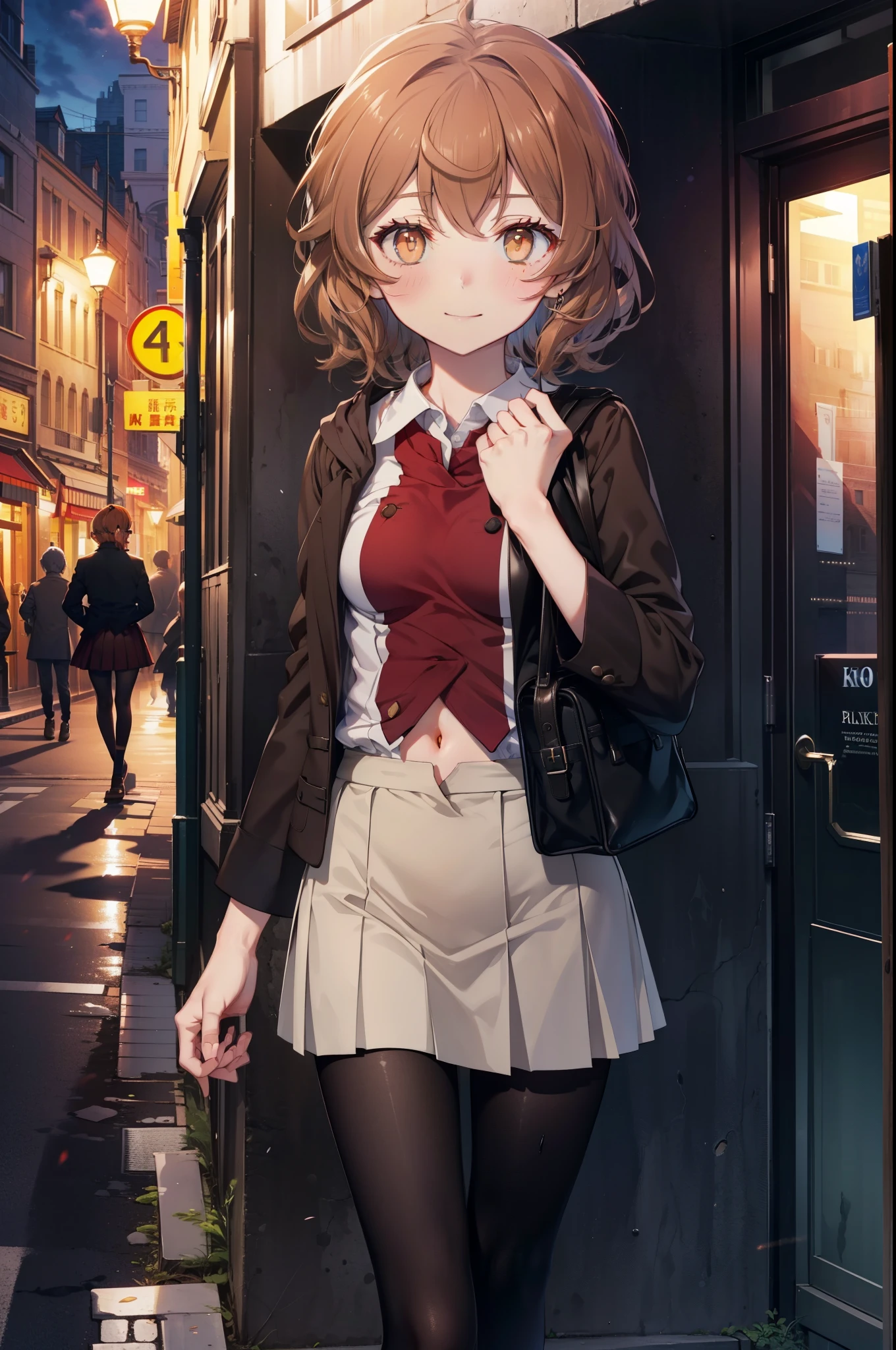 Liliru Card, Liliruca gets burned,  (Brown eyes:1.7),height: 140cm, Brown Hair, (Small breasts:1.2),blush,smile, short hair,, uniform,  Y-shirt, White shirt, Collared shirt, skirt, pleated skirt,Black Pantyhose,Brown Loafers,On the way home from school,evening,夕陽
break looking at viewer,
break outdoors, city,Building Street,
break (masterpiece:1.2), highest quality, High resolution, unity 8k wallpaper, (shape:0.8), (Fine and beautiful eyes:1.6), Highly detailed face, Perfect lighting, Highly detailed CG, (Perfect hands, Perfect Anatomy),