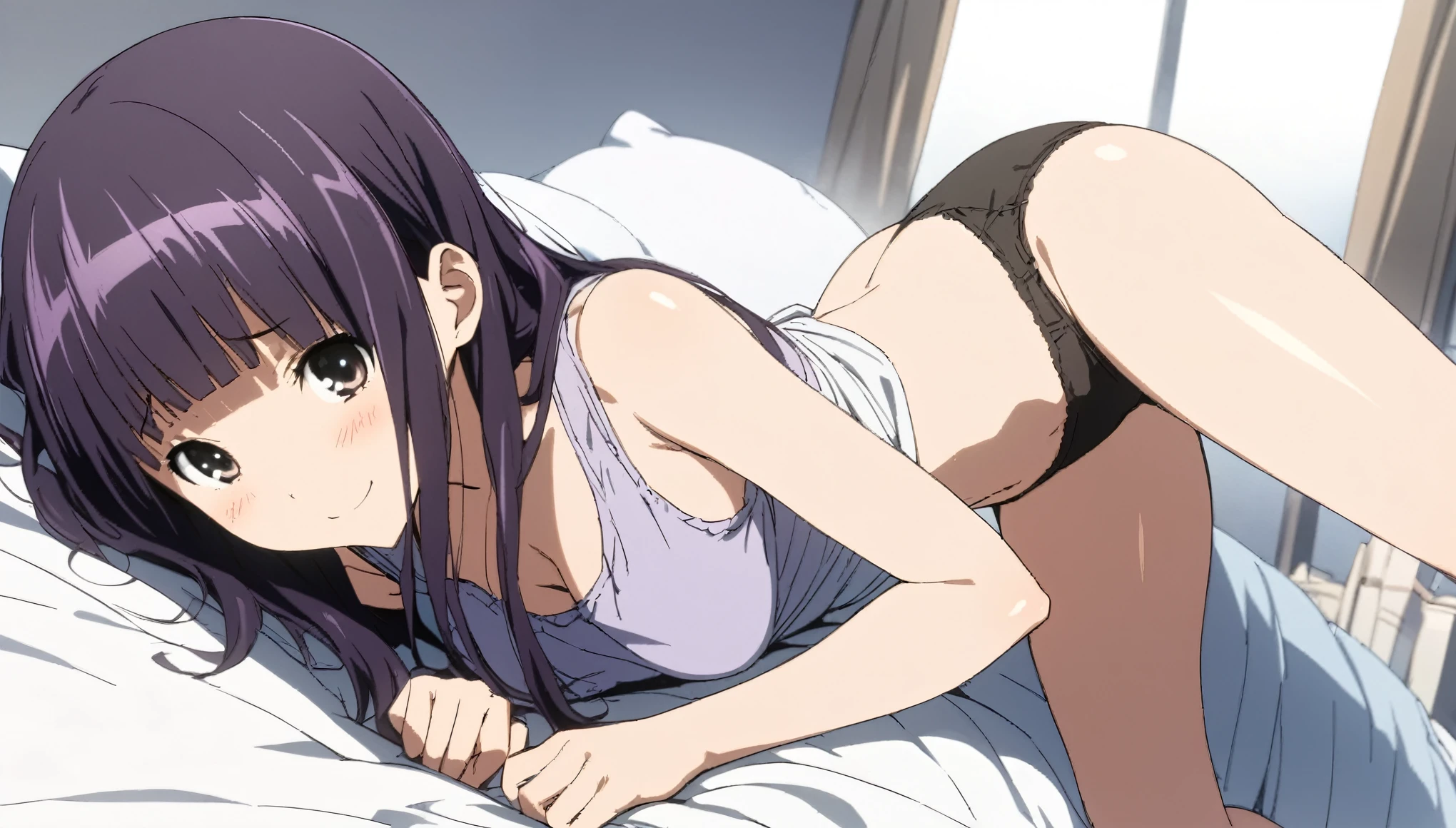 ((masterpiece, highest quality:1.2)),in perspective,cowboy shot,1woman,18 year old beauty、solo,long hair,dark purple hair,(very small head),shy,smile,slender and long body,skinny,medium breasts,oily skin,shiny skin,Waking up、Tank top、panties、lying,Simple bed、simple interior、early morning、Tokyo、