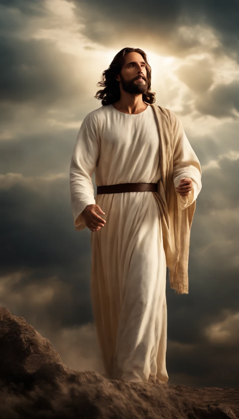 Jesus Cristo voando sobre as nuvens passando por Deus e seus anjos com armaduras Angelicais