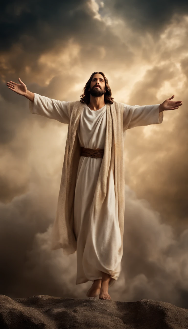 Jesus Cristo voando sobre as nuvens passando por Deus e seus anjos com armaduras Angelicais