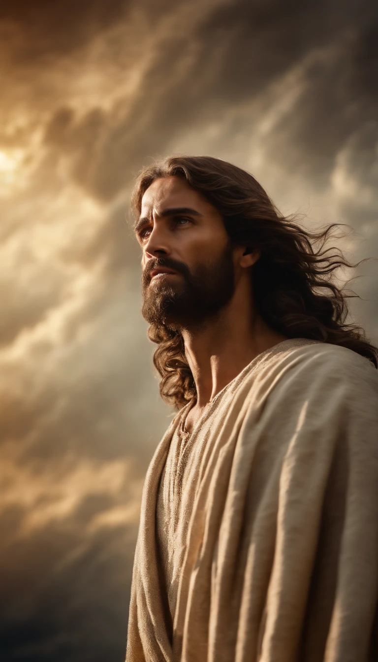 Jesus Cristo voando sobre as nuvens passando por Deus e seus anjos com armaduras Angelicais