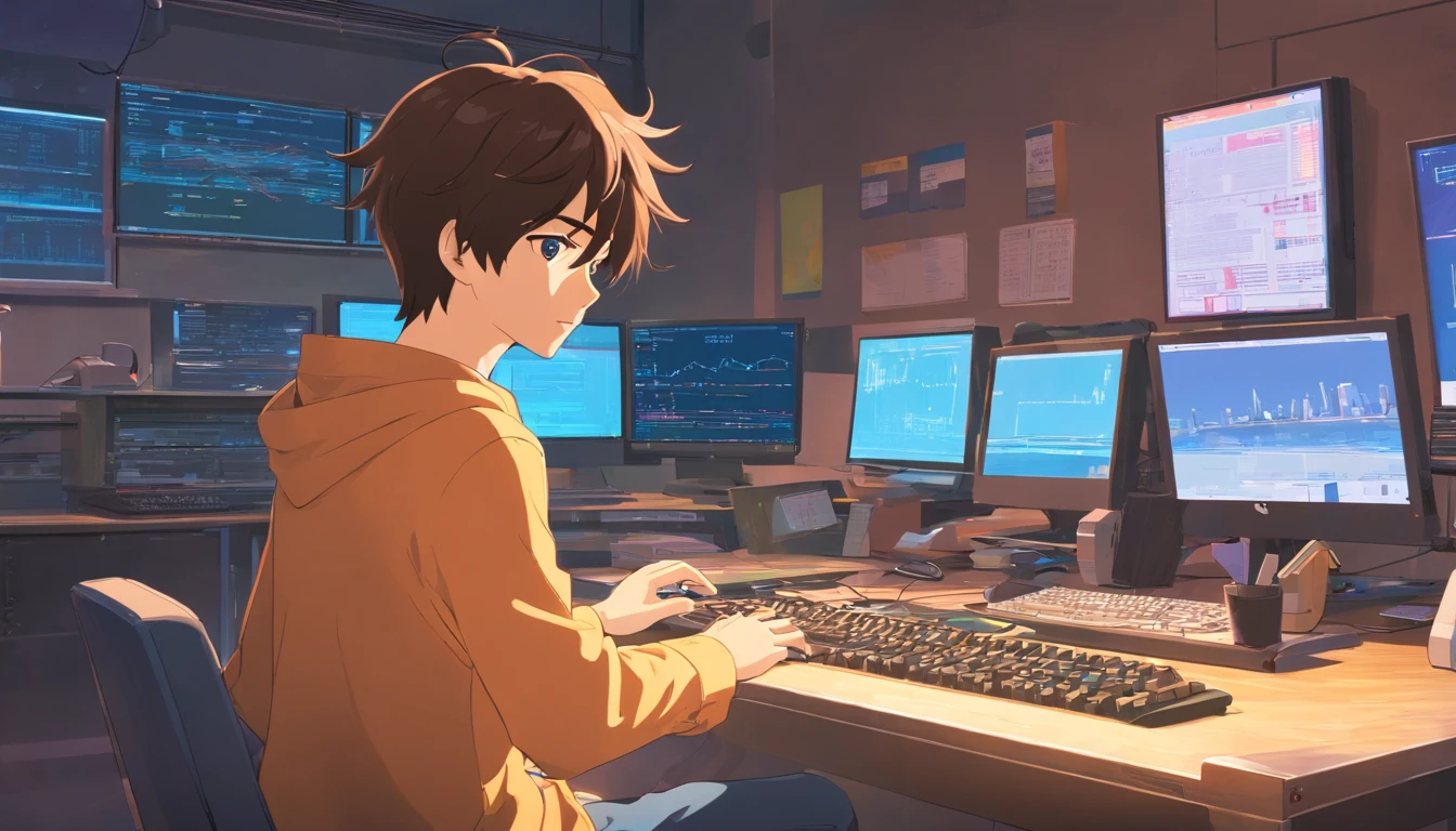 Please write a scene of a young male programmer developing a system in a room with a display and keyboard in front of him, in the style of Japanese anime.
