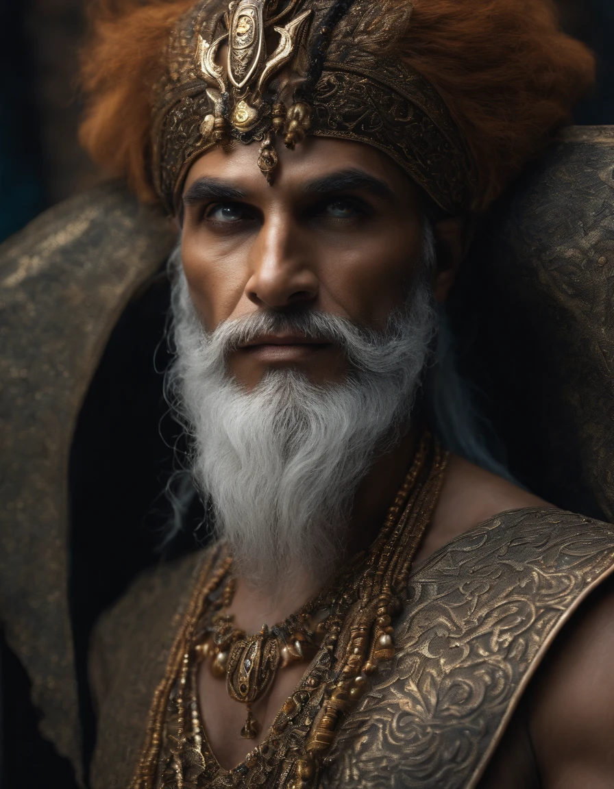 ultra realistic, 8k resolution sharp sophisticated colored picture of Mahlak, the supreme sorcerer of darkness, intense bright eyes, denoise, richly detailed in cinematic vision