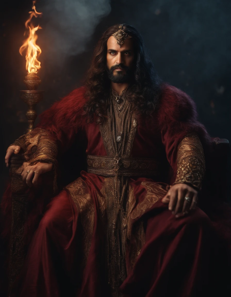 ultra realistic, 8k resolution sharp sophisticated colored picture of Mahlak, the supreme sorcerer of darkness, intense bright eyes, denoise, richly detailed in cinematic vision