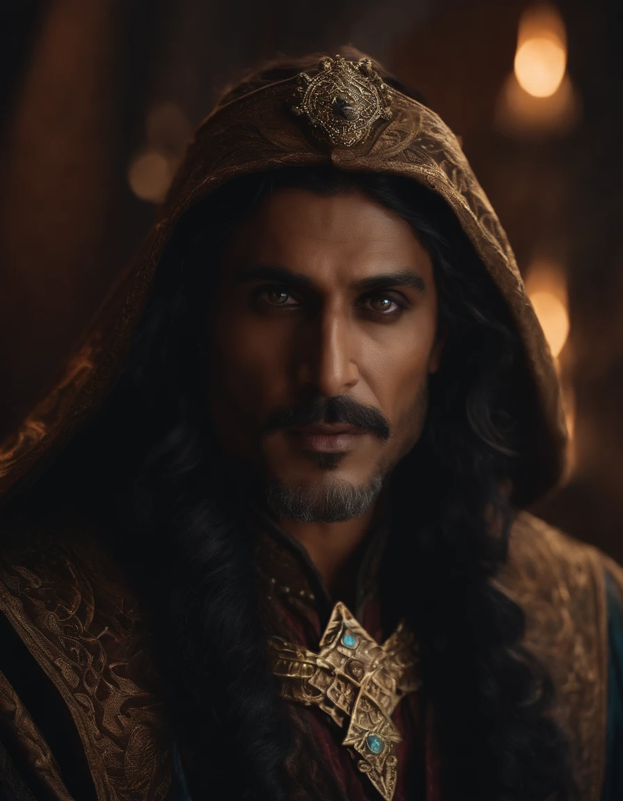 ultra realistic, 8k resolution sharp sophisticated colored picture of Mahlak, the supreme sorcerer of darkness, intense bright eyes, denoise, richly detailed in cinematic vision